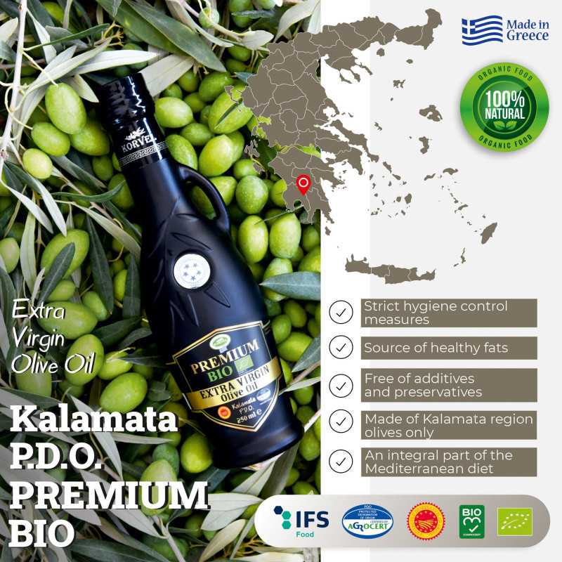 KORVEL Organic EVOO PDO Kalamata – Black Amphora 250 ml